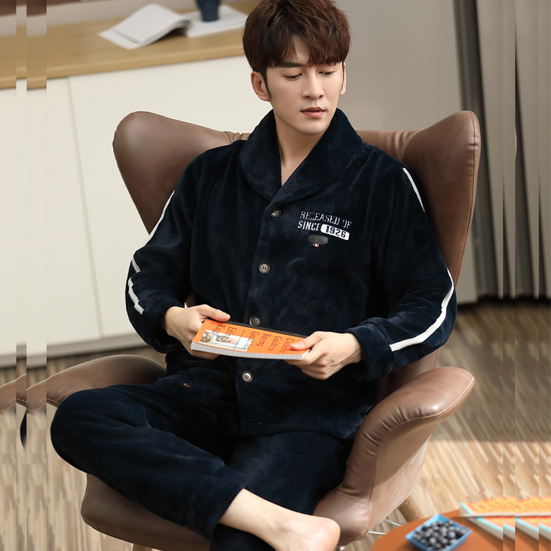 【加厚绒】时尚翻领秋冬季男士长袖睡衣套装家居服保暖青年帅气