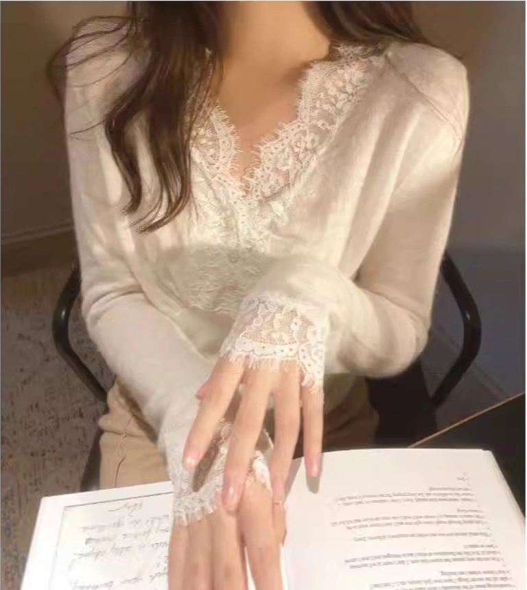 V领蕾丝羊绒针织开衫女外穿洋气内搭法式时尚气质上衣