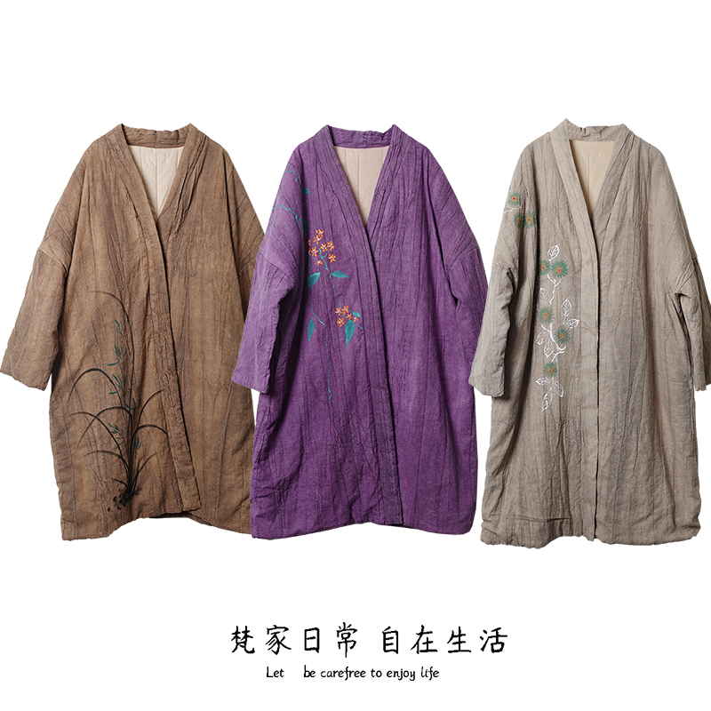 梵家原创手绘中长款夹棉外套手工炒色做旧秋冬季新品复古女装棉衣
