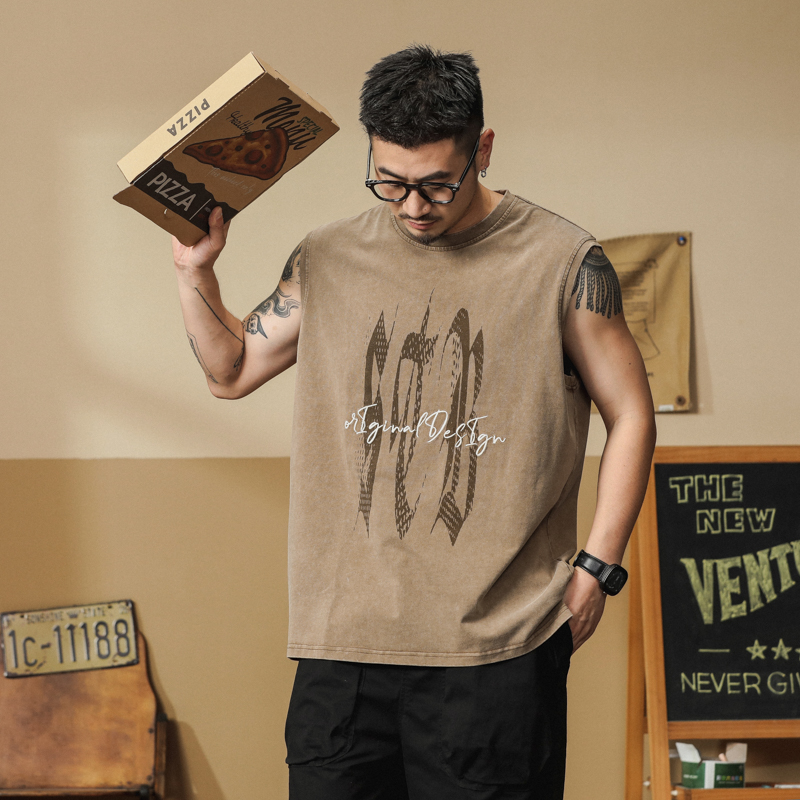 2025新款夏季无袖印花t恤男日系潮流宽松休闲百搭纯棉T恤运动上衣