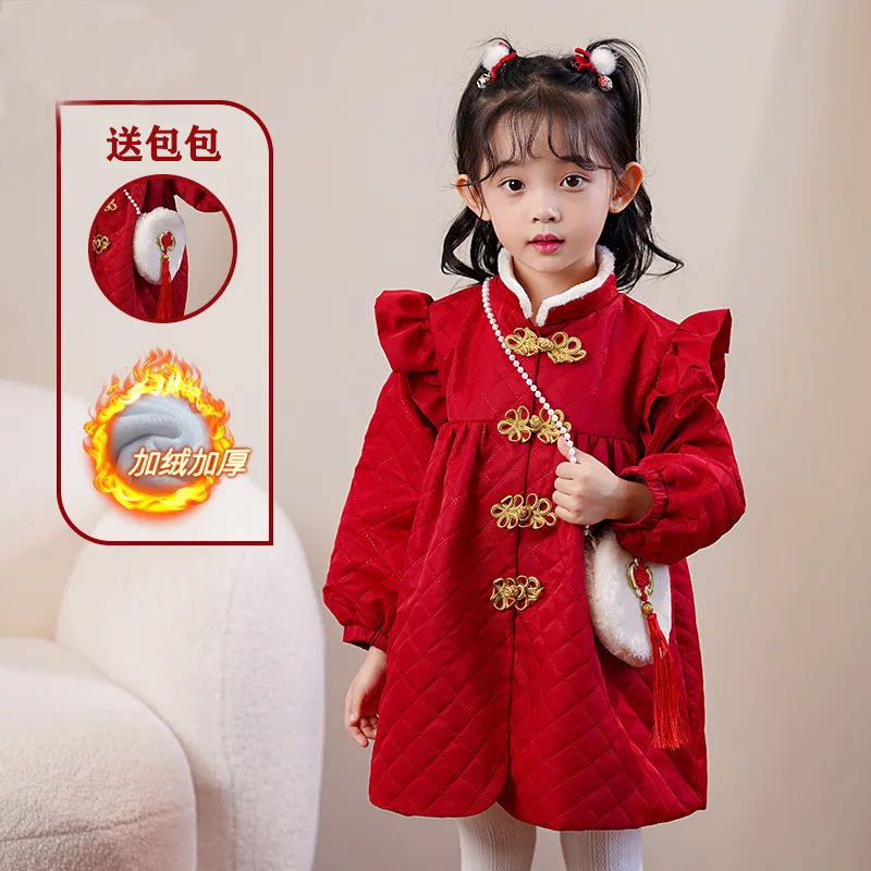 女童汉服2024过年服中国风拜年服冬季女宝宝旗袍周岁礼服加绒裙装