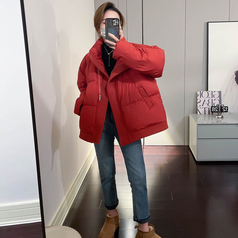 欧货米色拼接毛呢白鸭绒羽绒服女冬季2024新款设计感短款加厚外套