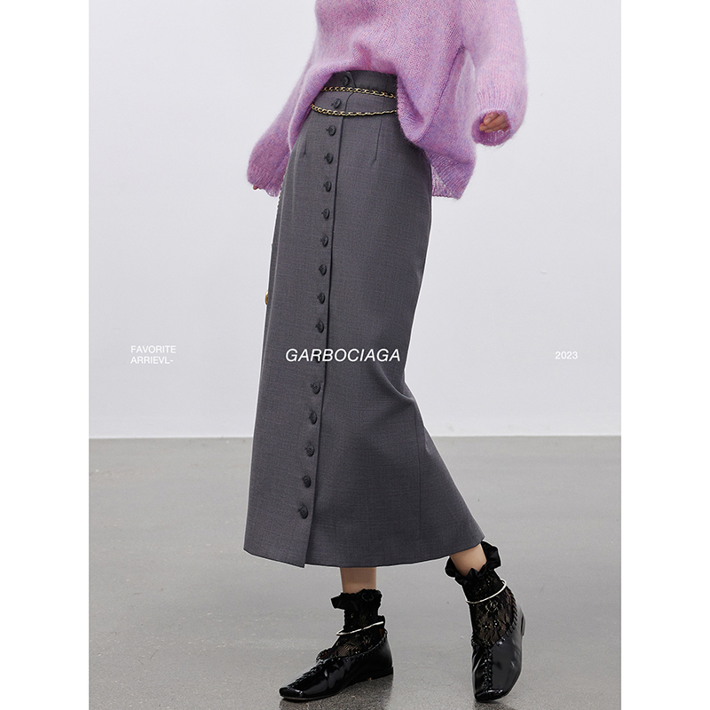 龙喜儿李昂小姐 高腰排扣修身直筒高级半身裙9754