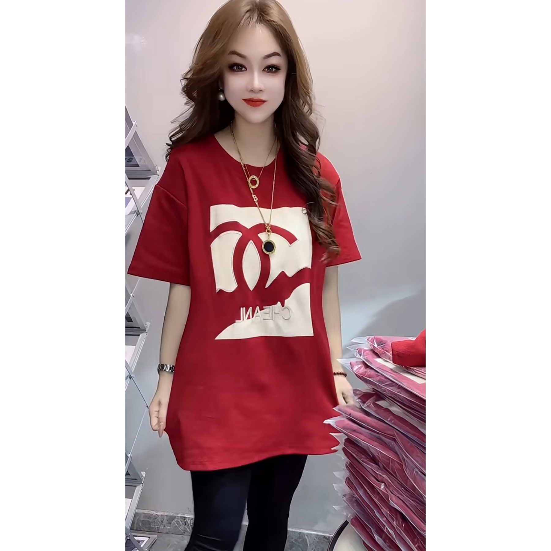 新年款欧货大版短袖t恤休闲风设计感宽松中长款圆领印花百搭上衣