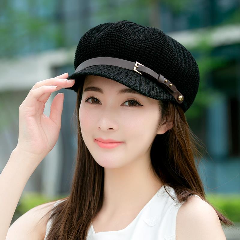 皮带新款夏季韩版透气八角帽女士户外画家帽简约贝雷帽防晒遮阳帽