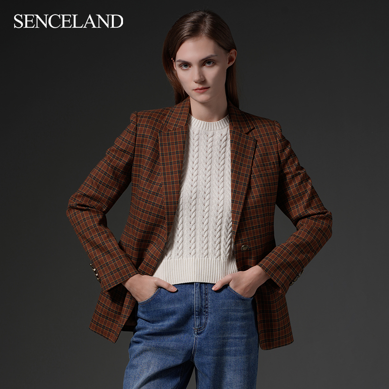 SANCELAND/三石一澜春新款羊毛西装黄咖格纹单排扣西服SG15102038