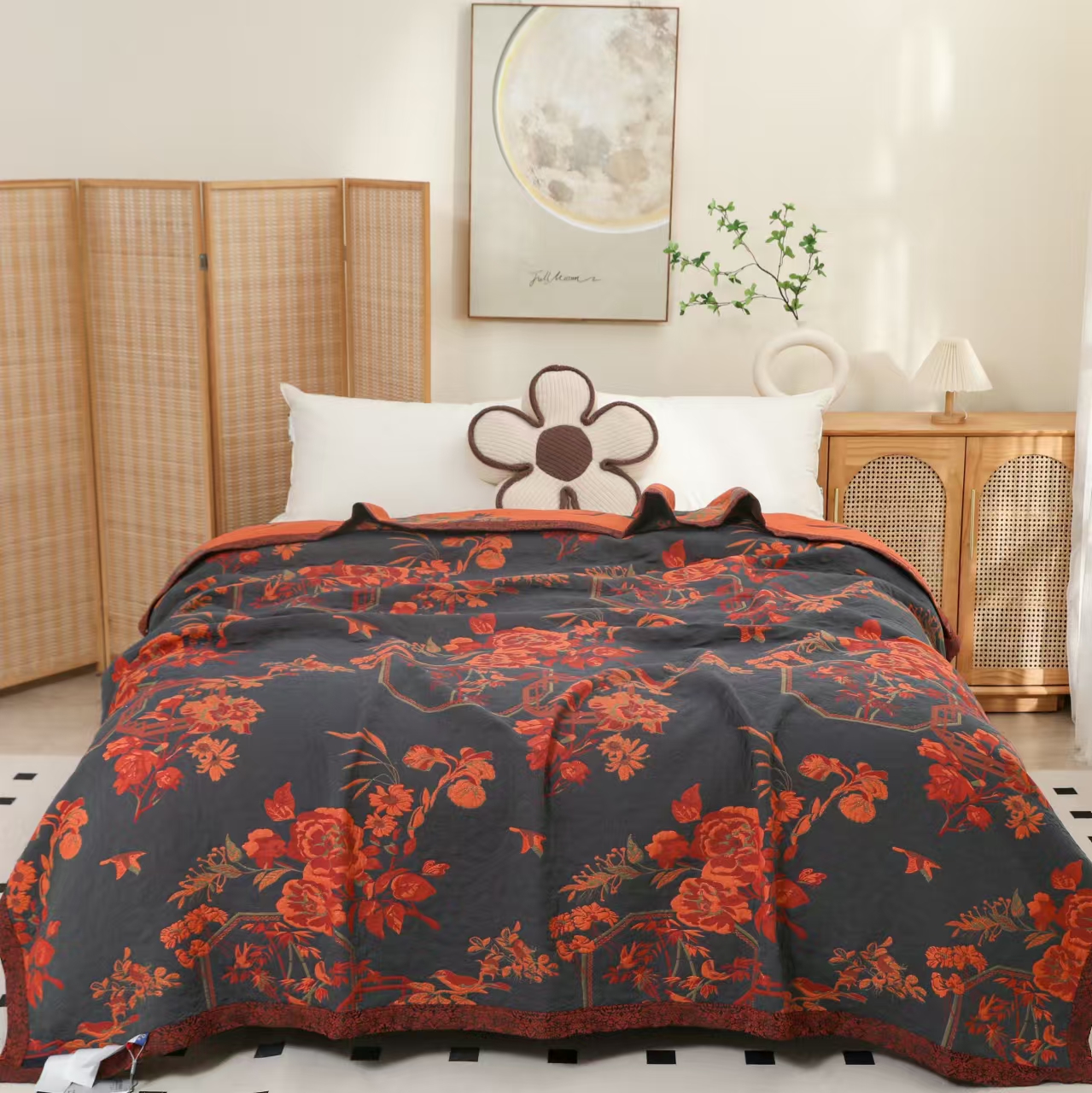 富贵满园-230*250高定藏红花多功能大床盖恒温毯四季可用
