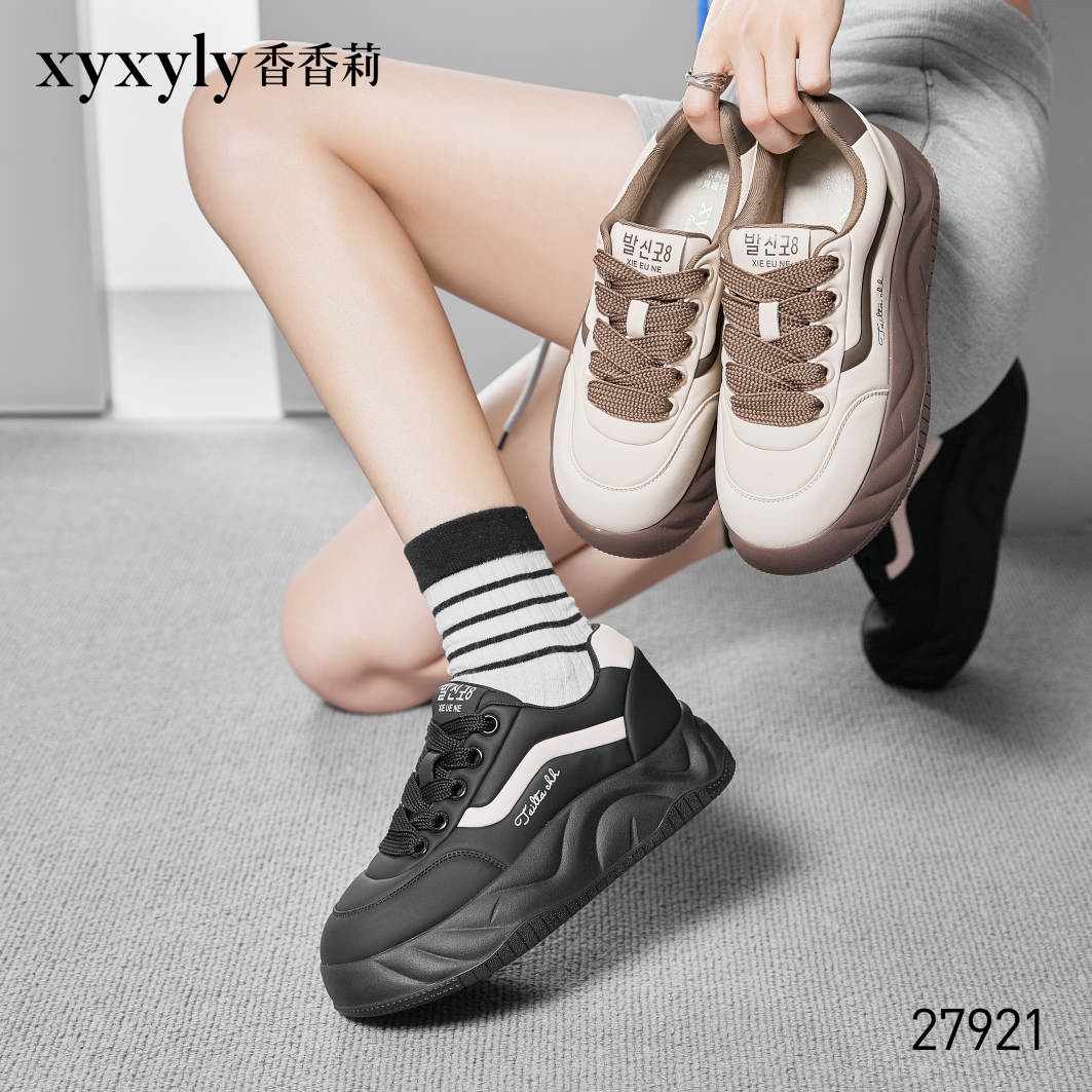 香香莉27921新款面包鞋女厚底增高小白鞋系带时尚百搭软皮2024秋