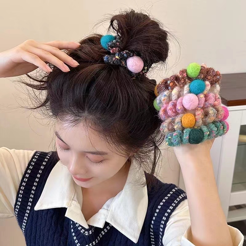 彩虹软糖~秋冬毛线电话线发圈可爱头绳新款高端橡皮筋女扎头发绳