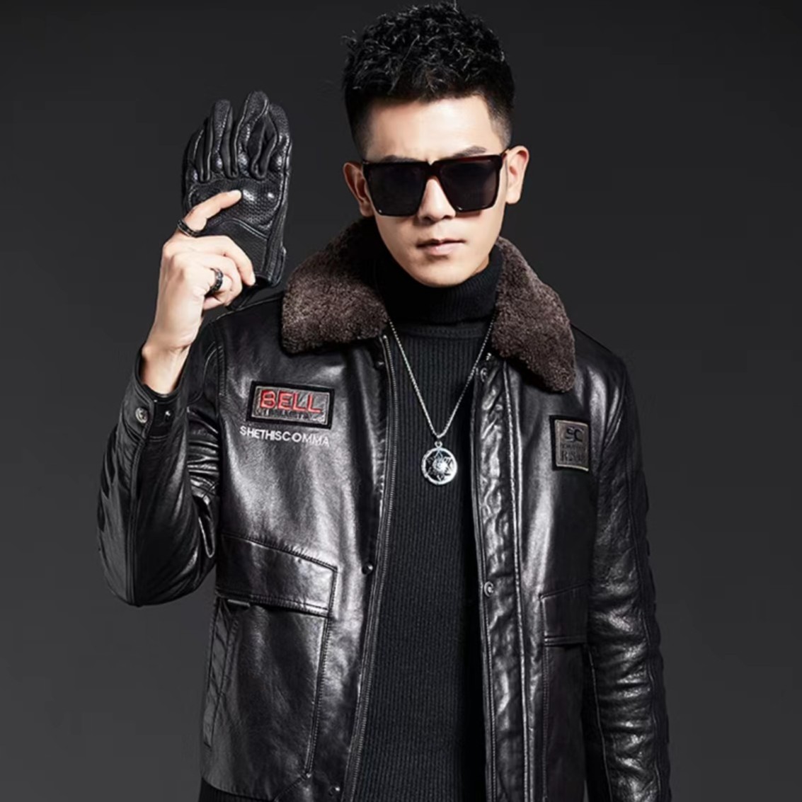海宁男士头层油蜡羊皮保暖时尚休闲款真皮男款黑色毛领翻领冬款