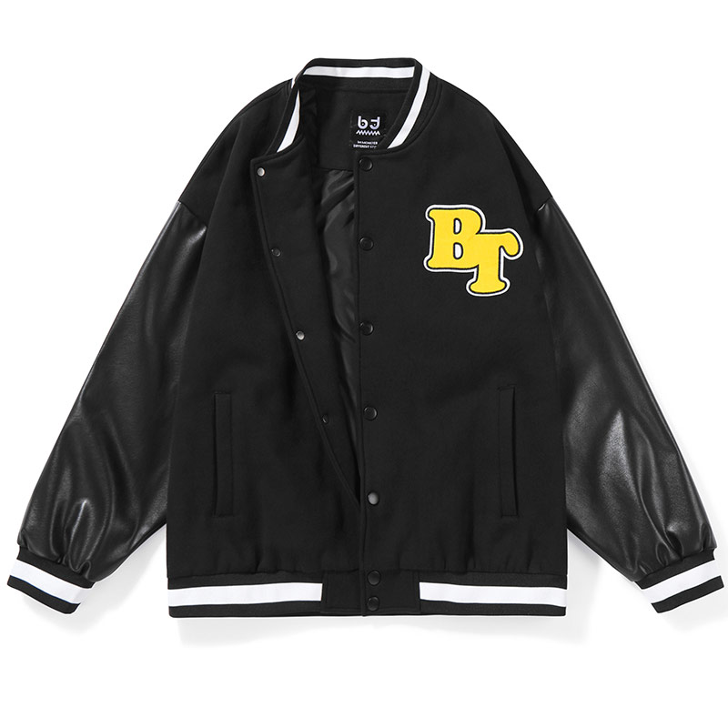 bt潮牌异料拼接趣味涂鸦印花绣标棒球领落肩袖夹克 2TJS131