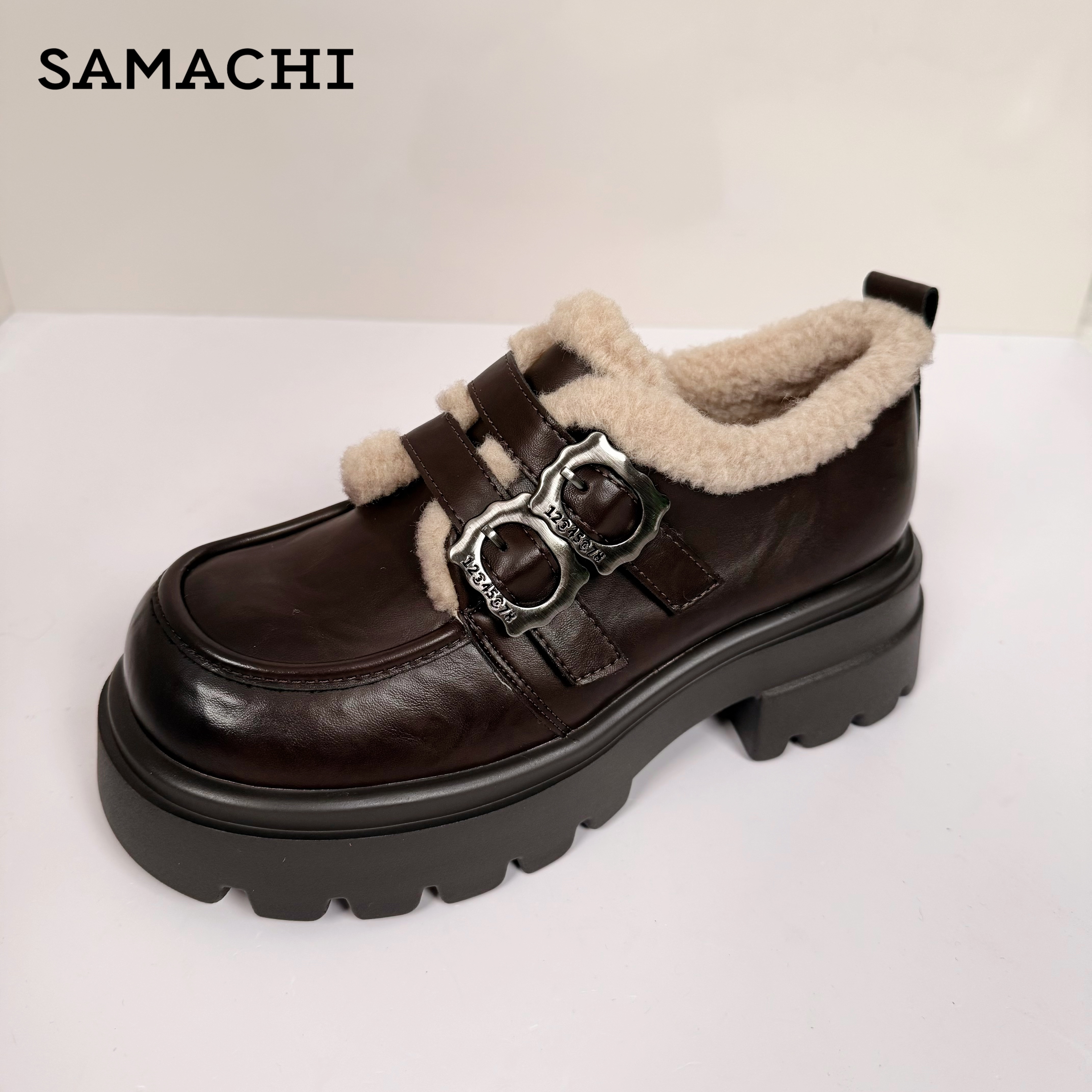 萨玛驰冬季新款加绒增高厚底粗跟时尚圆头软底乐福鞋/164458003