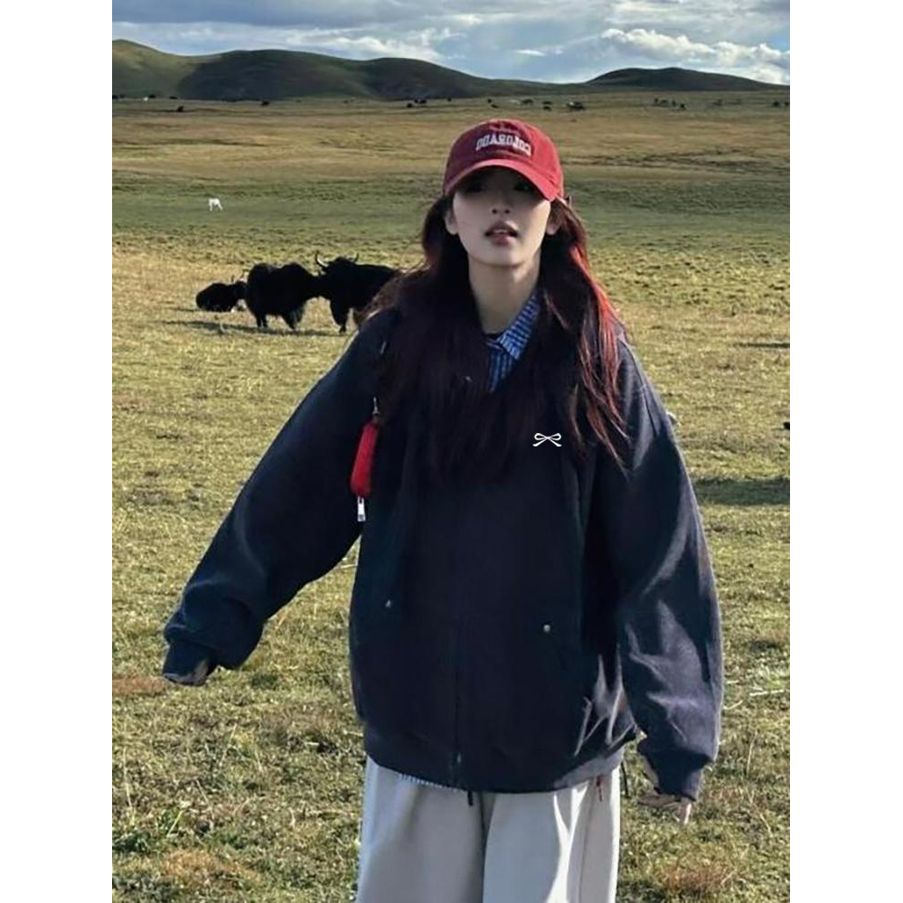 复古港风藏青色连帽开衫卫衣外套女秋冬款ins慵懒风拉链上衣