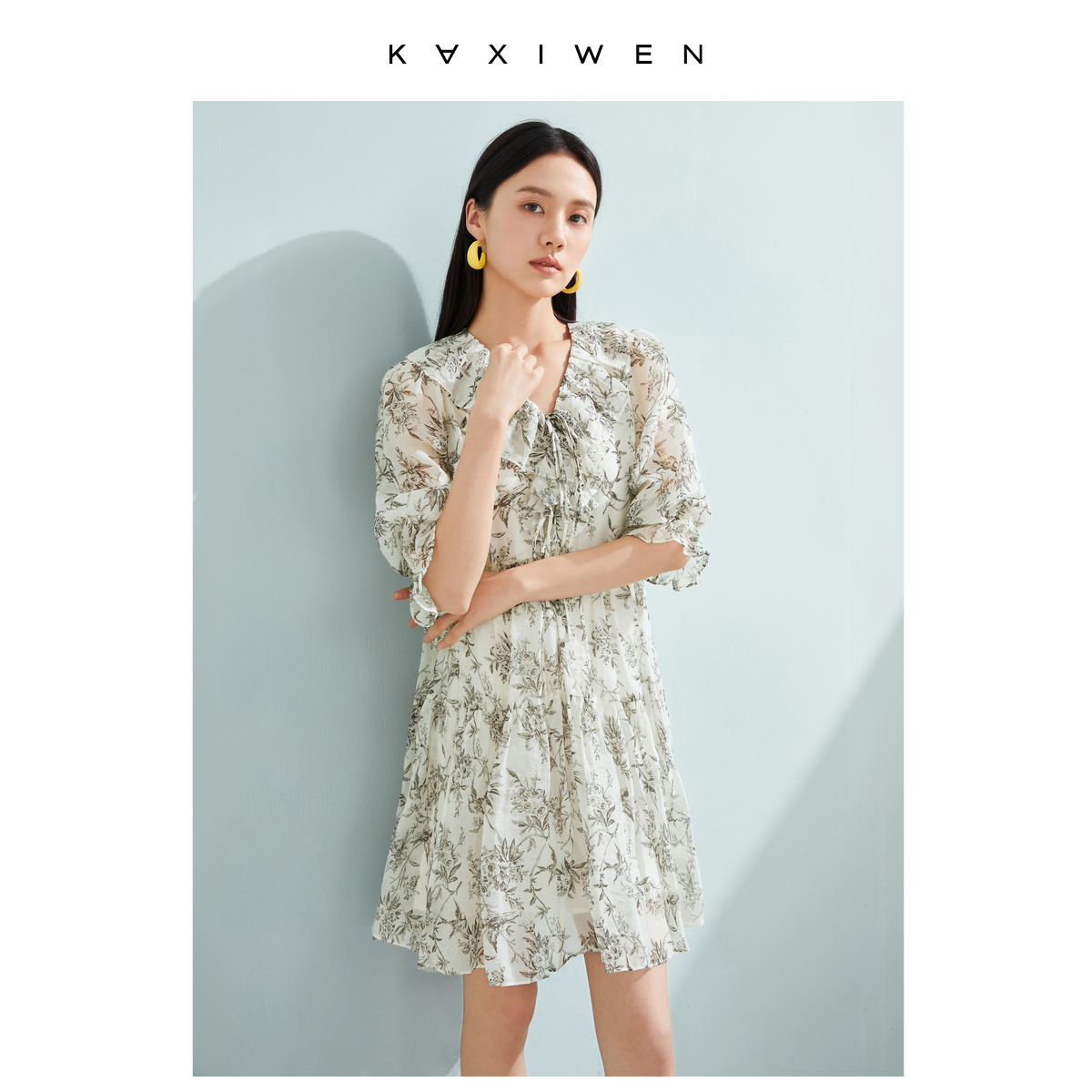 【柠檬专属】设计感时尚连衣裙荷叶边度假风印花裙子X04ALS2351