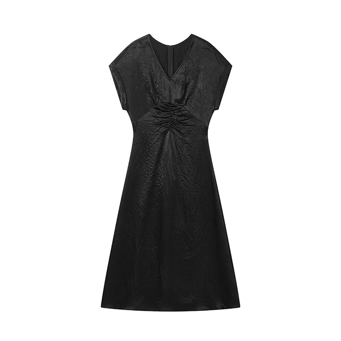 【喵姐严选】简约时尚醋酸连衣裙肌理褶皱中长款小黑裙D05ALN6099