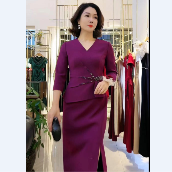 0035-新款气质时尚轻奢v领纯色修身优雅连衣裙喜妈妈礼服婚礼宽松
