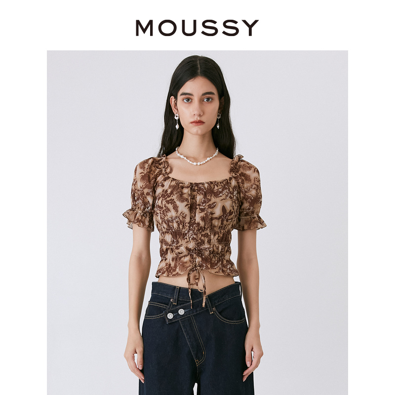 MOUSSY 甜美森系花卉花纹方领抽褶泡泡袖春游衬衫女028GAZ30-5830