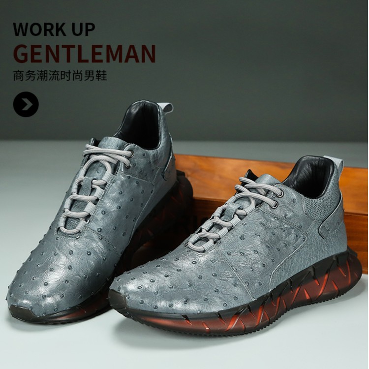 鸵鸟皮男鞋真皮时尚运动鞋舒适高档男士皮鞋休闲百搭旅游鞋透气