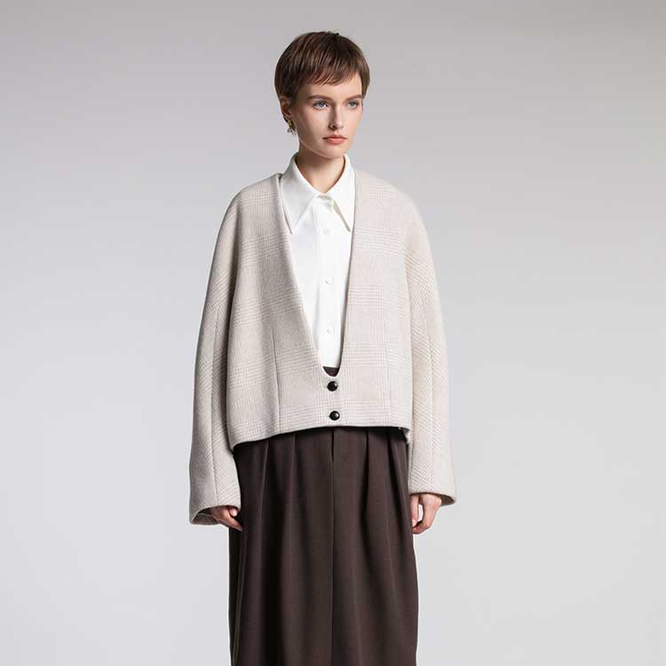 米驼色格纹短款毛呢外套SY2149驼色