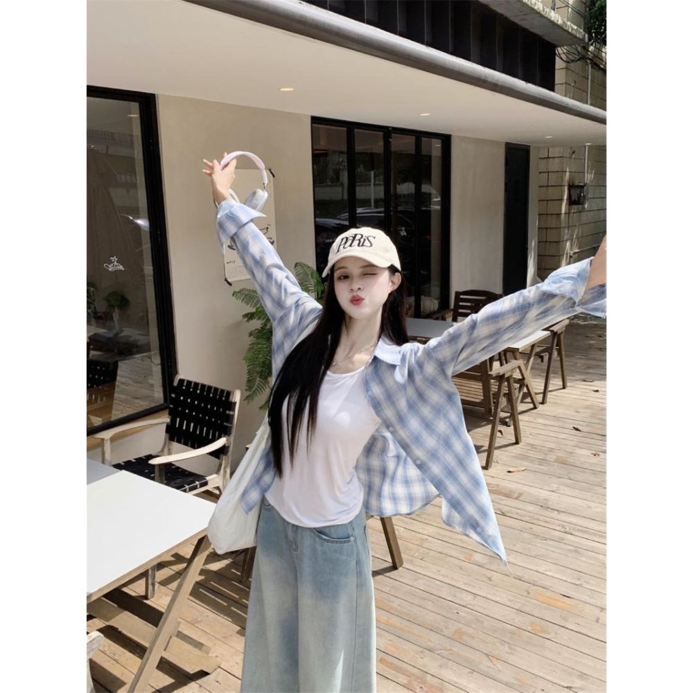 甜美日常~蓝色格子防晒衬衫女秋季韩系宽松设计感衬衣外套