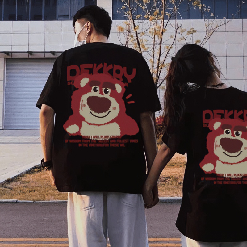 草莓熊印花220克卡通可爱风纯棉短袖T恤男女同款夏季情侣装上衣服