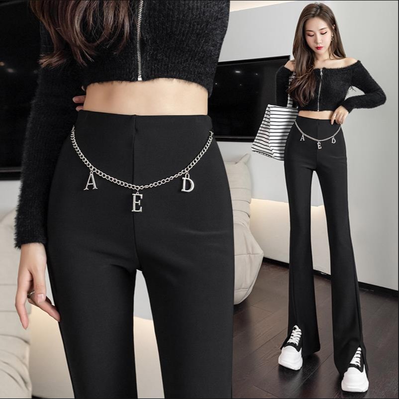 开叉微喇裤女春夏高腰女裤修身小个子休闲直筒喇叭裤黑色西装裤女