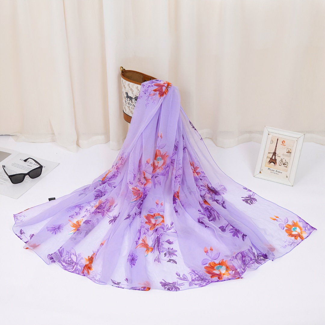 爆款鳄鱼皱紫色睡莲女士丝巾洋气高档2024新款丝巾围巾大丝巾旅游