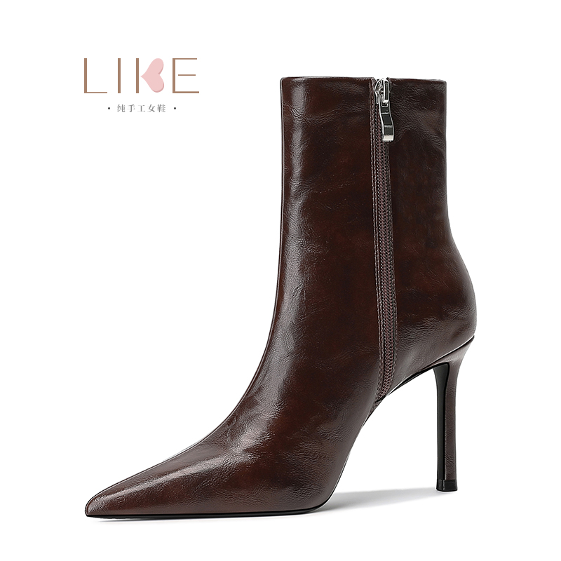 冬季软底短筒靴秋冬尖头细跟气质高跟显瘦时尚瘦瘦靴高跟短靴加绒