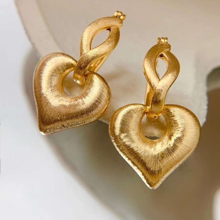 诗牧18K金拉丝心形耳扣硬K可拆卸一款多戴经典简约气质素款复古