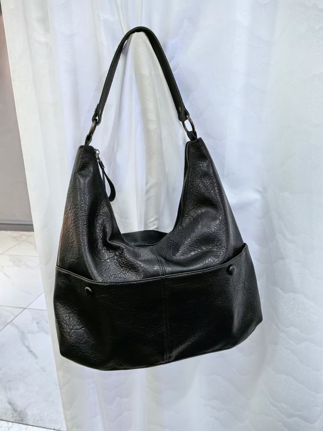 裘真头层植鞣牛皮腋下经典hobo包百搭休闲单肩通勤包真皮饺子包女