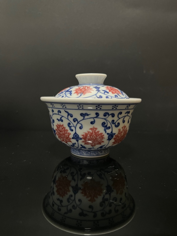 觅瓷山房青花釉里红缠枝莲两才陶瓷盖碗青花瓷复古小盖碗茶杯茶具