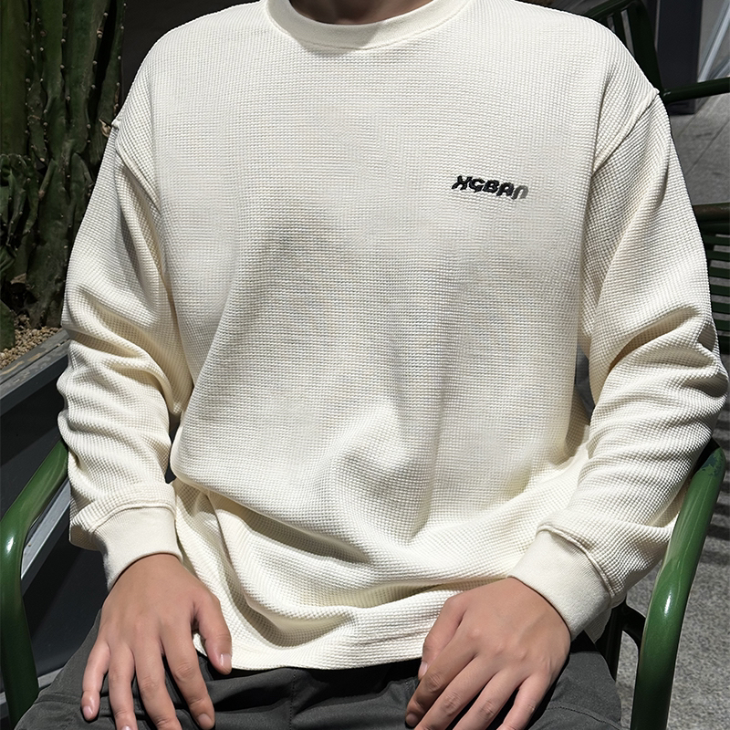 XGB华夫格肌理感圆领重磅内搭长袖t男春秋冬美式潮牌宽松打底刺绣