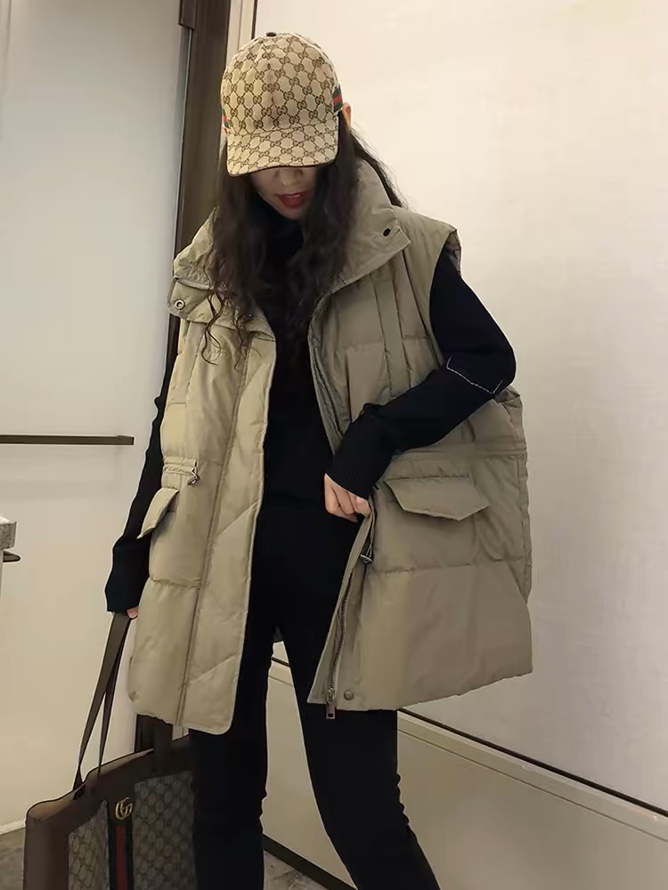 大码羽绒马夹女中长款胖mm抽绳收腰加厚白鸭绒背心外穿大口袋马夹