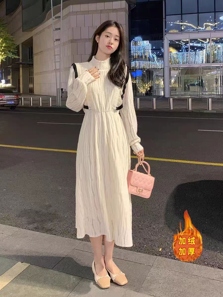 千语栀【陌上清秋】中长款温柔风长袖收腰春装慵懒风连衣裙显瘦长裙