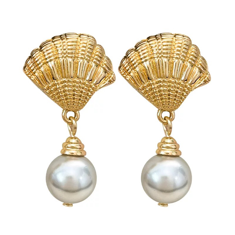 铜合金耳饰 金色贝壳珍珠耳钉高级感气质复古耳饰女2024新秋冬