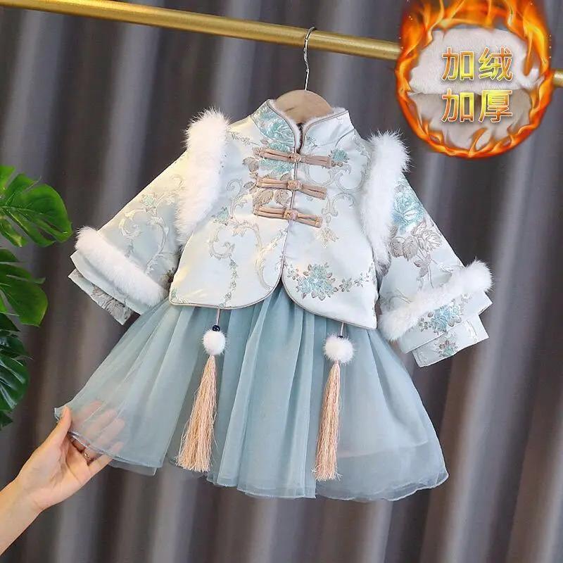 朵美巴拉巴拉宝宝女童唐装套装新款冬汉服加厚加绒公主呢子连衣裙