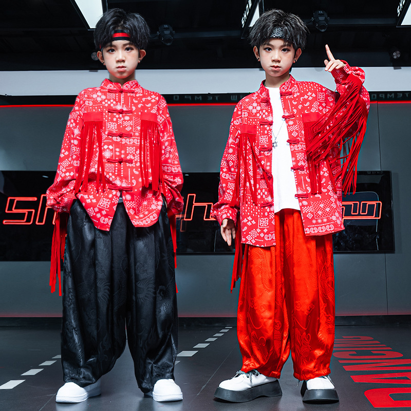 中国风少儿喜庆演出服嘻哈男孩街舞潮服炸街套装女孩潮牌爵士舞服