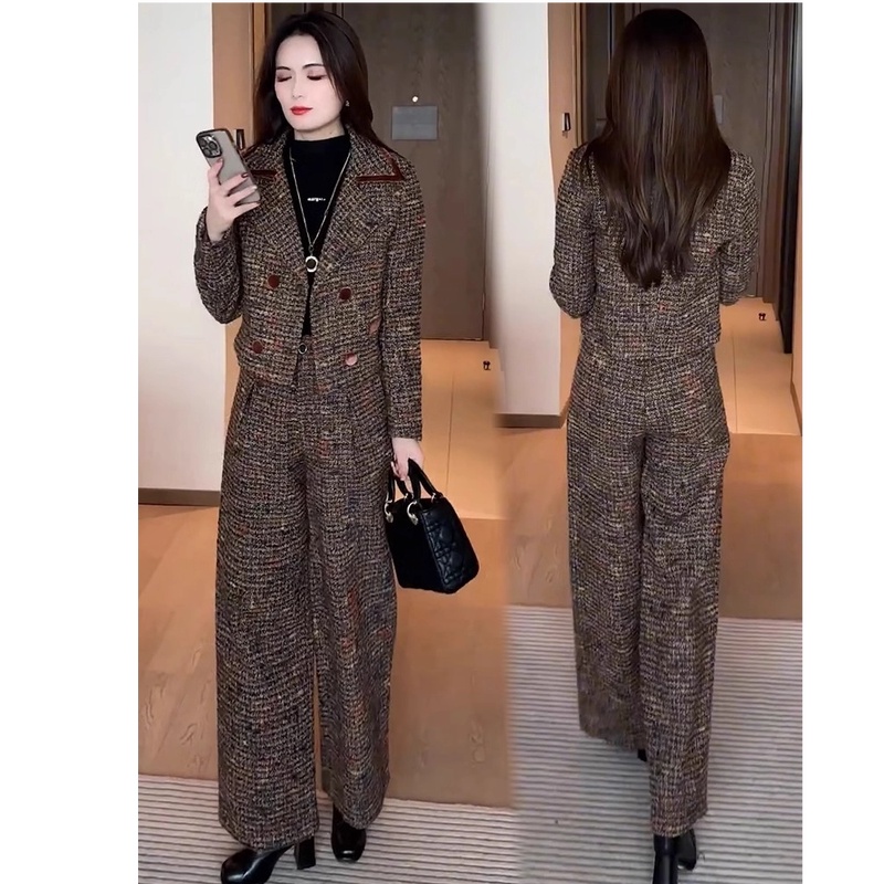 时尚套装女2024冬季新款洋气显瘦百搭加厚小香风外套阔腿裤两件套