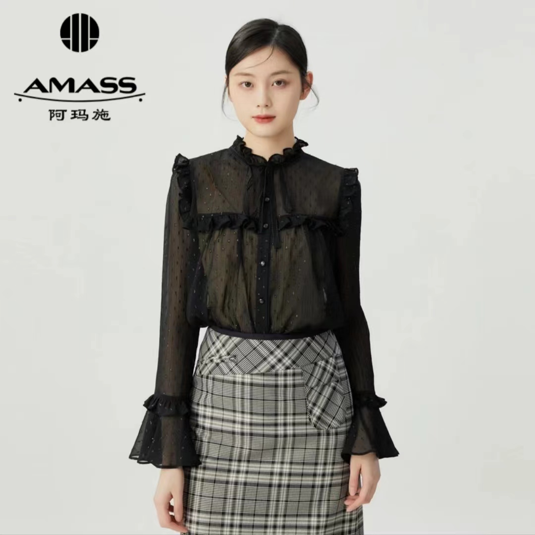 AMASS/阿玛施新款气质复古宫延风花边透纱衬衫5301020