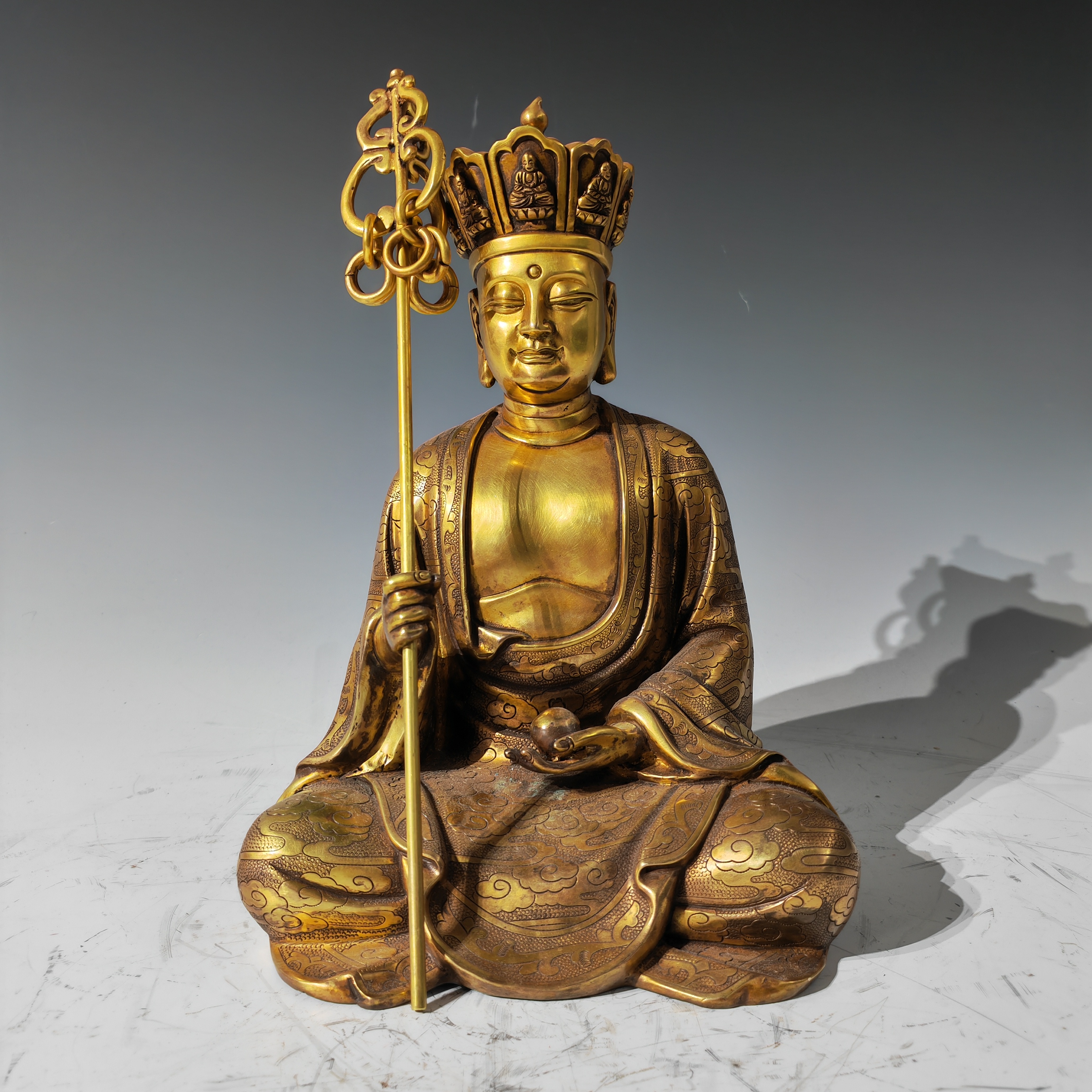 紫铜鎏金地藏王菩萨持锡杖坐姿像摆件86204BA