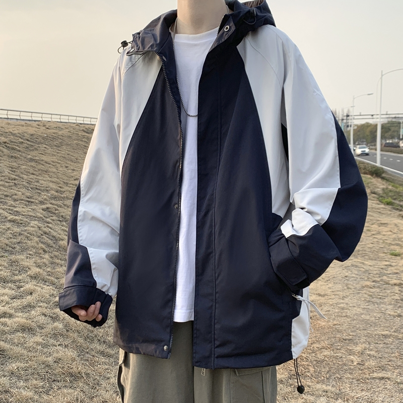 撞色冲锋衣外套男春秋季潮牌宽松休闲青少年帅气百搭连帽工装夹克