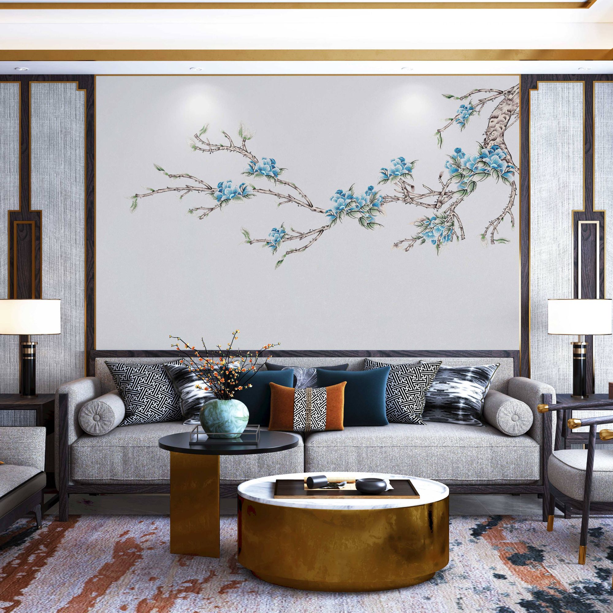 乐芙兰/春意盎然中式卧室防水防污耐用刺绣墙布大气高档壁布