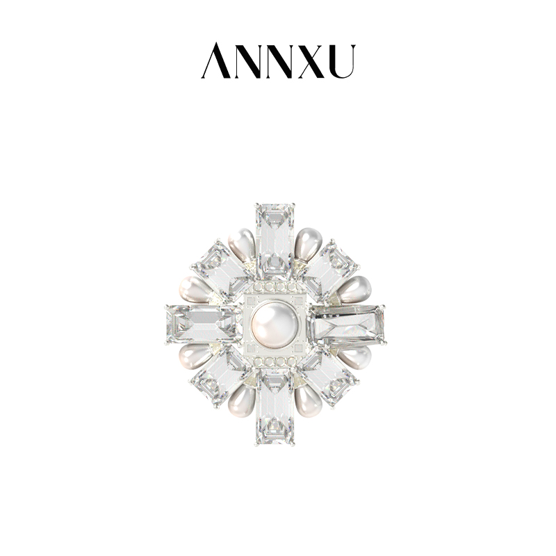 ANNXU 铜合金合成锆石胸针 璀璨系列 十字方形胸针优雅设计圆珠