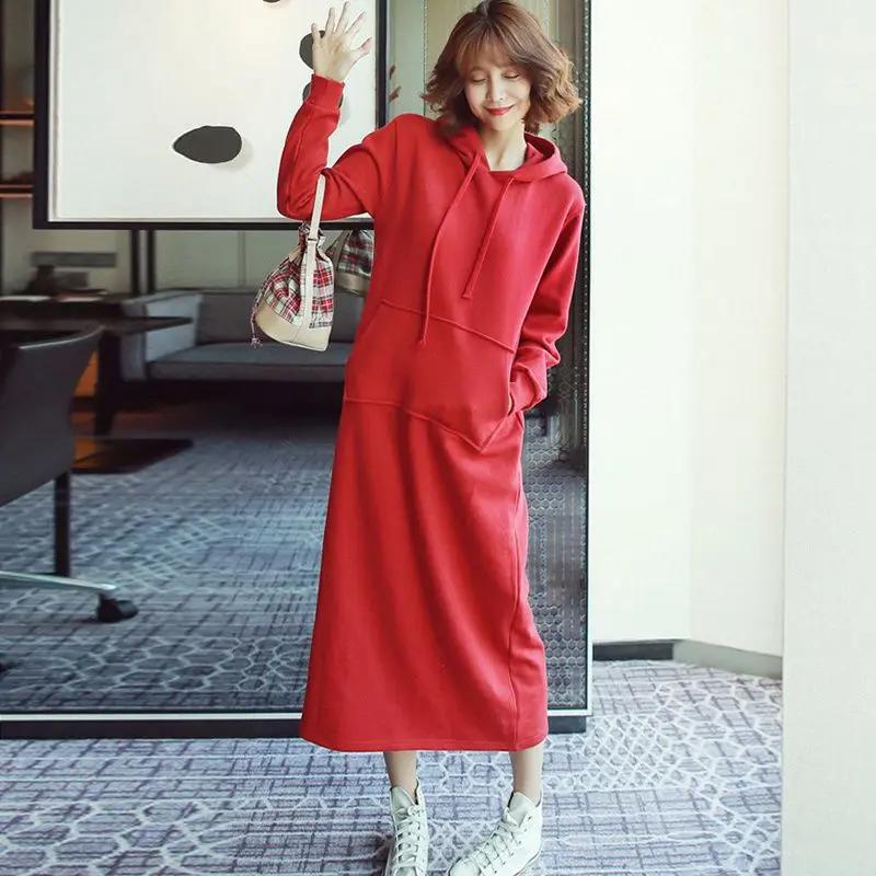 休闲连帽卫衣裙女春秋2023年加绒中长款过膝宽松卫衣连衣裙韩版潮