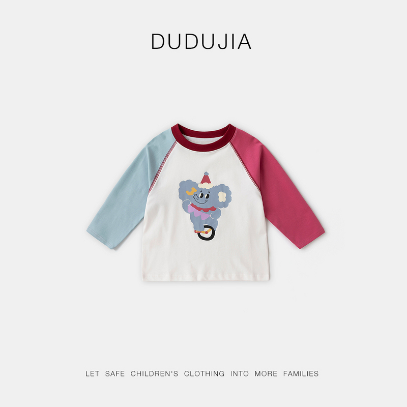 【现货】嘟嘟家宝宝秋装T恤新款女童插肩袖上衣打底撞色长袖卡通