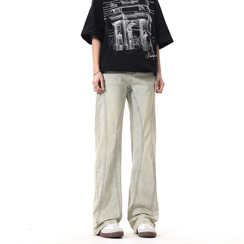 ZLAYCO高街直筒微喇做旧黄泥色牛仔裤男女vibe风设计感百搭长裤
