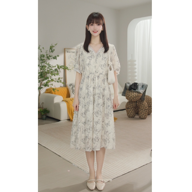 2024年夏季新款<蝶舞翩翩》印花收腰仙女裙连衣裙8010-qt