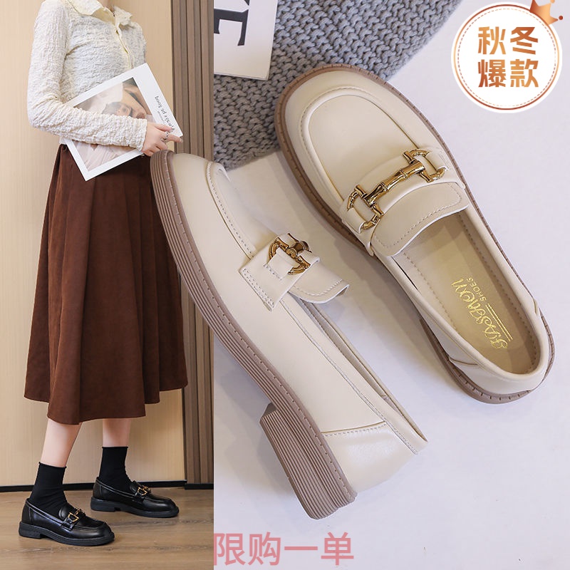 爆款软底单鞋女2023春秋新款百搭英伦平底乐福休闲小皮MB