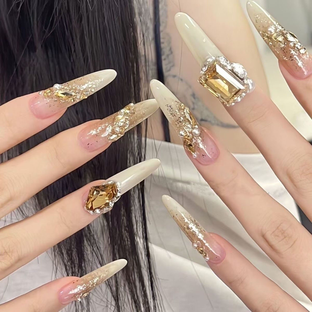 纯手工穿戴法式奶白香槟金珍珠高级温柔气质爆款百搭美甲可拆卸甲