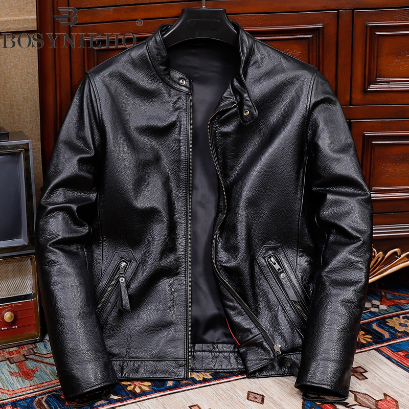 681春秋款头层牛皮机车服真皮皮衣男士修身立领纯皮夹克短款外套
